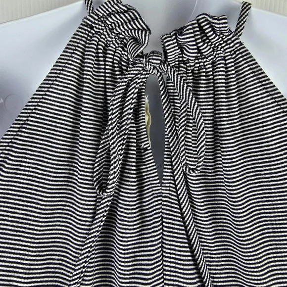 Pleione M Black White Striped Ruffle High Neck Tie Keyhole Back Tank Top. Size M - Picture 6 of 8